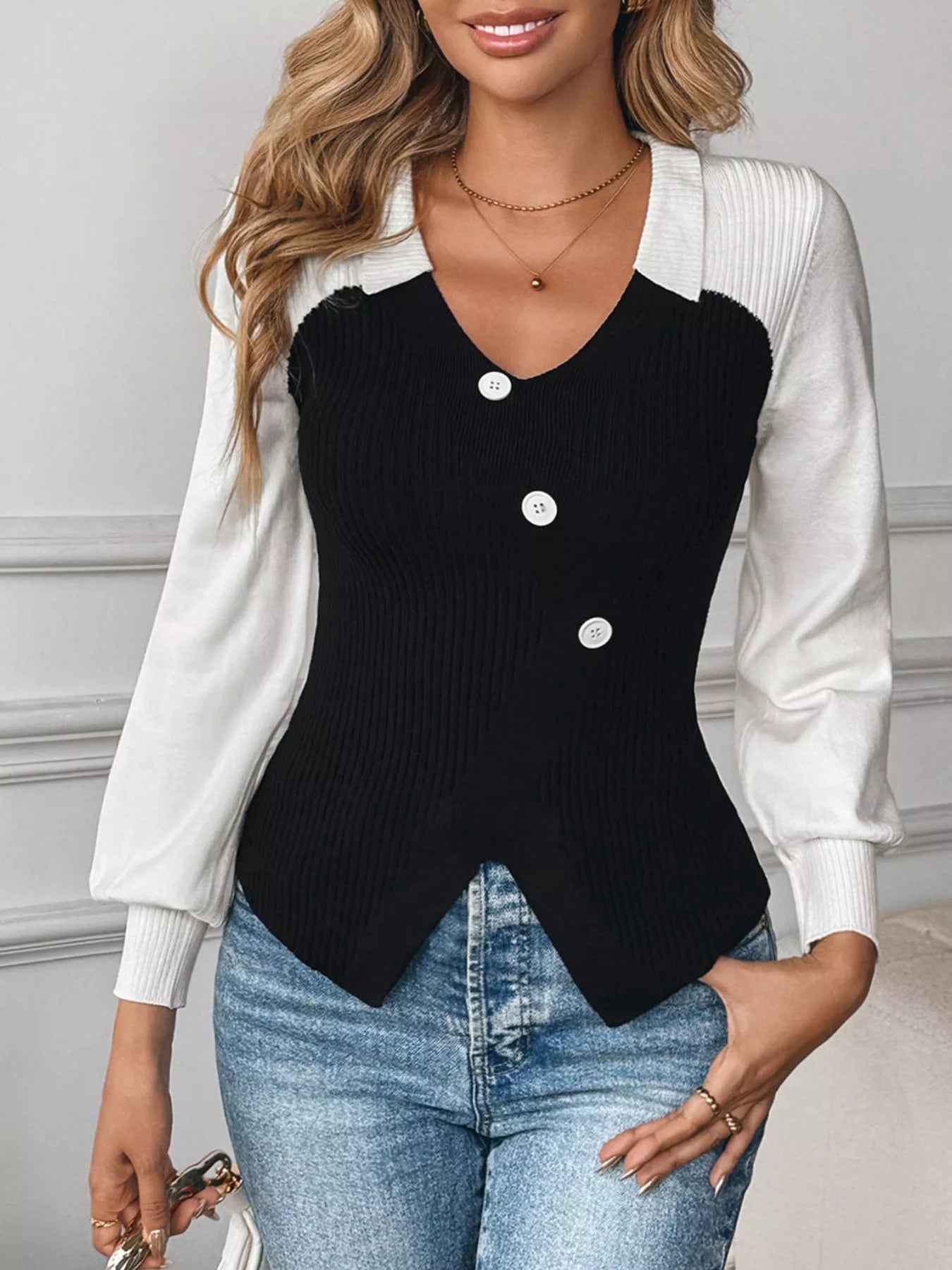 Color Block V-Neck Sweater - Chic Button Detail - Fashions Envy