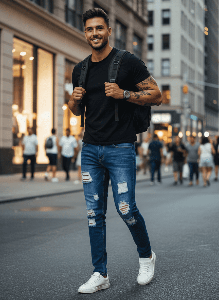 Men's Ripped Slim Fit Jeans - Distressed Stretch Denim - Fashions Envy