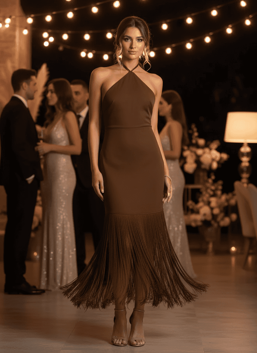 Fringe Halter Dress - Backless Bodycon Maxi Dress - Fashions Envy