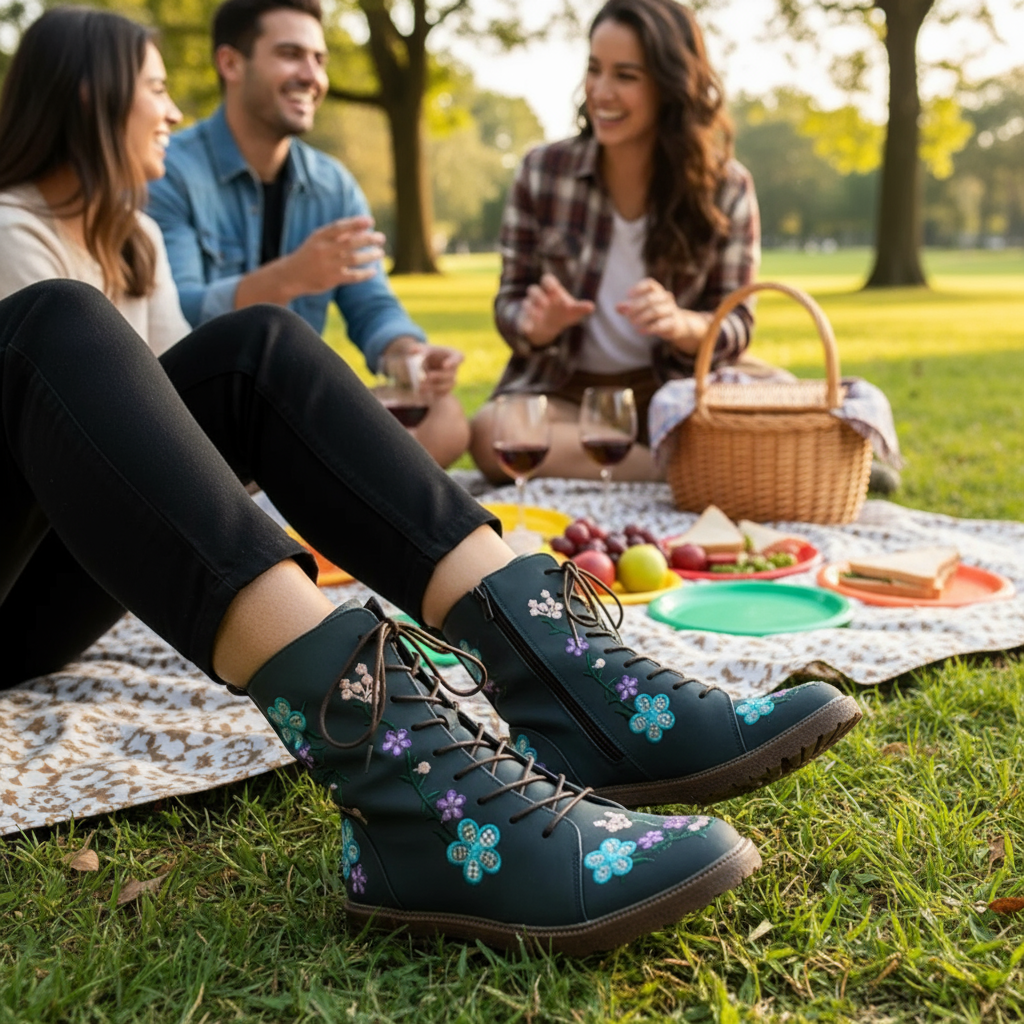 Dark Navy Block Heel Ankle Boots Park Picnic