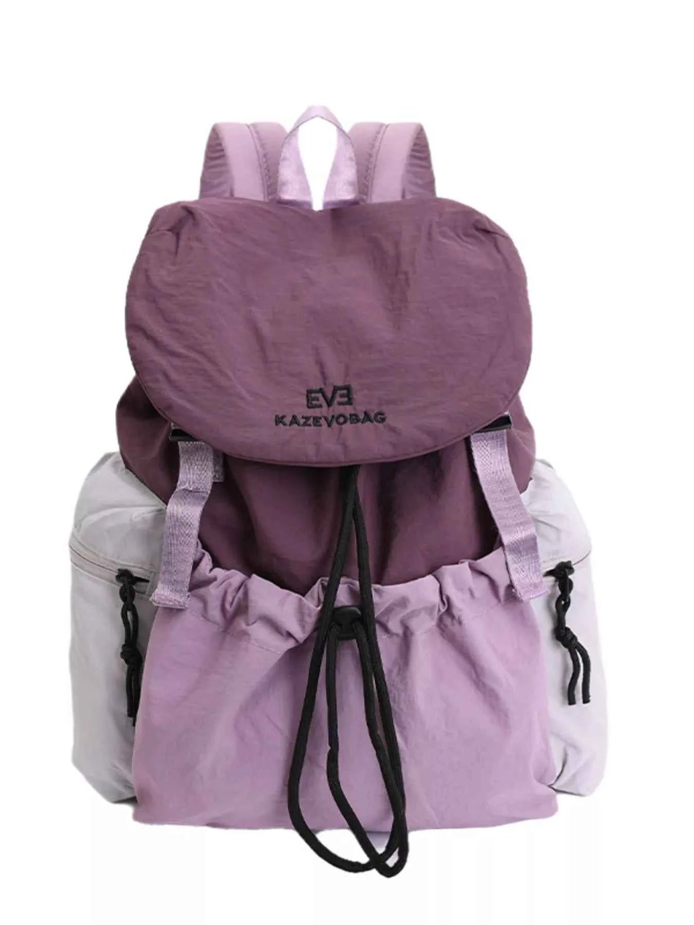 Drawstring Backpack Bag - Purple Color Block Nylon Style