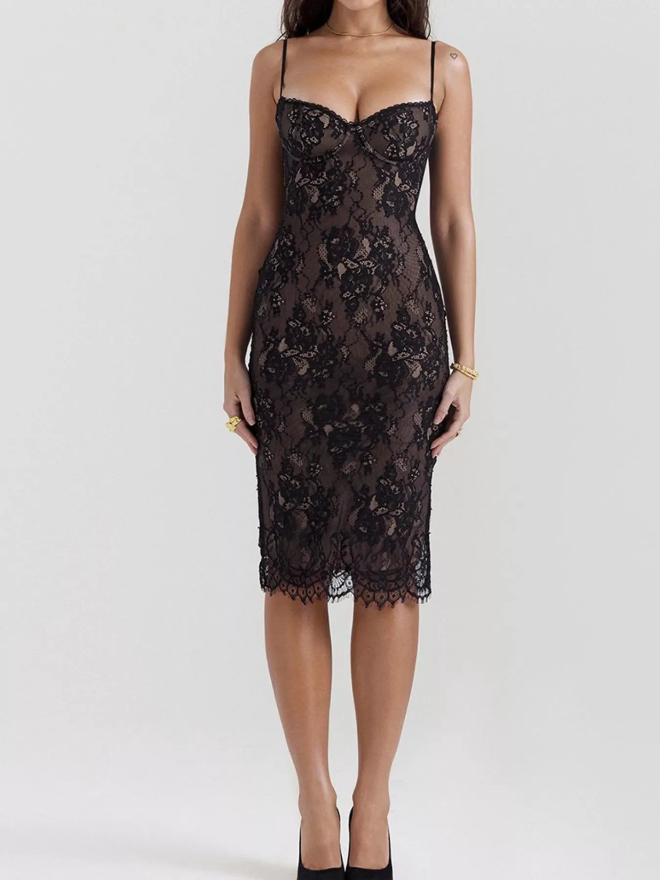 Lace Bodycon Midi Dress - Cami Strap Figure-Hugging - Fashions Envy