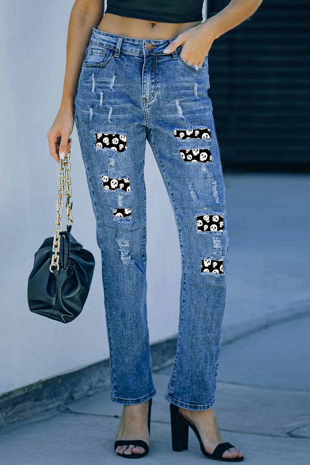 Distressed Skeleton Pattern Jeans with Pockets - Fashions Envy