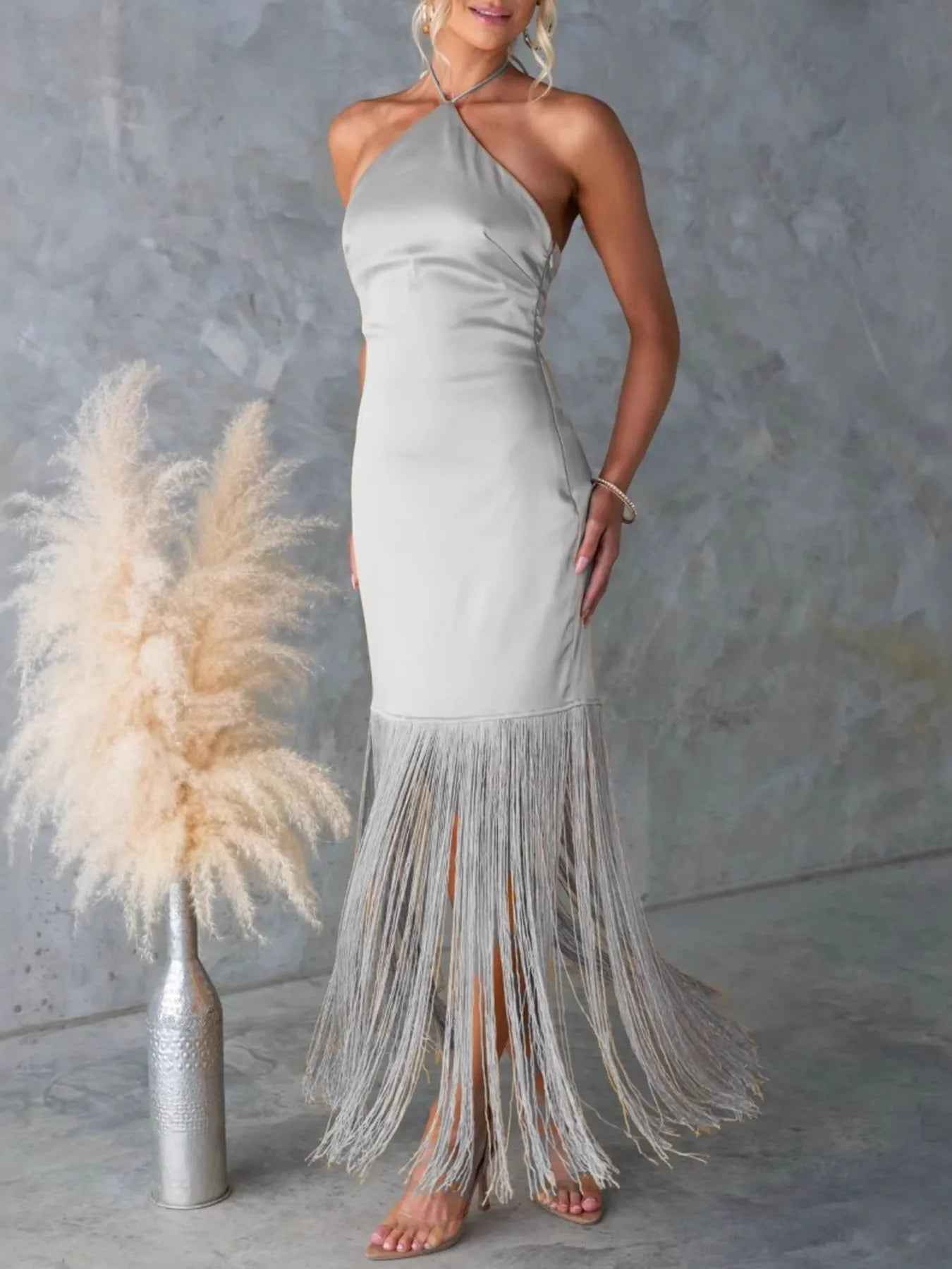 Fringe Halter Dress - Backless Bodycon Maxi Dress - Fashions Envy