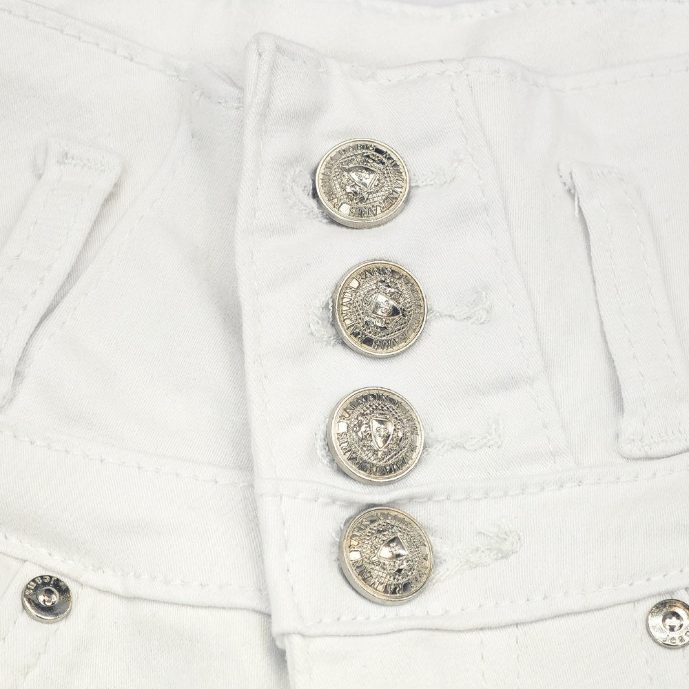 White High-Waist Bling Pocket Shorts - Stretch Denim Button Shorts