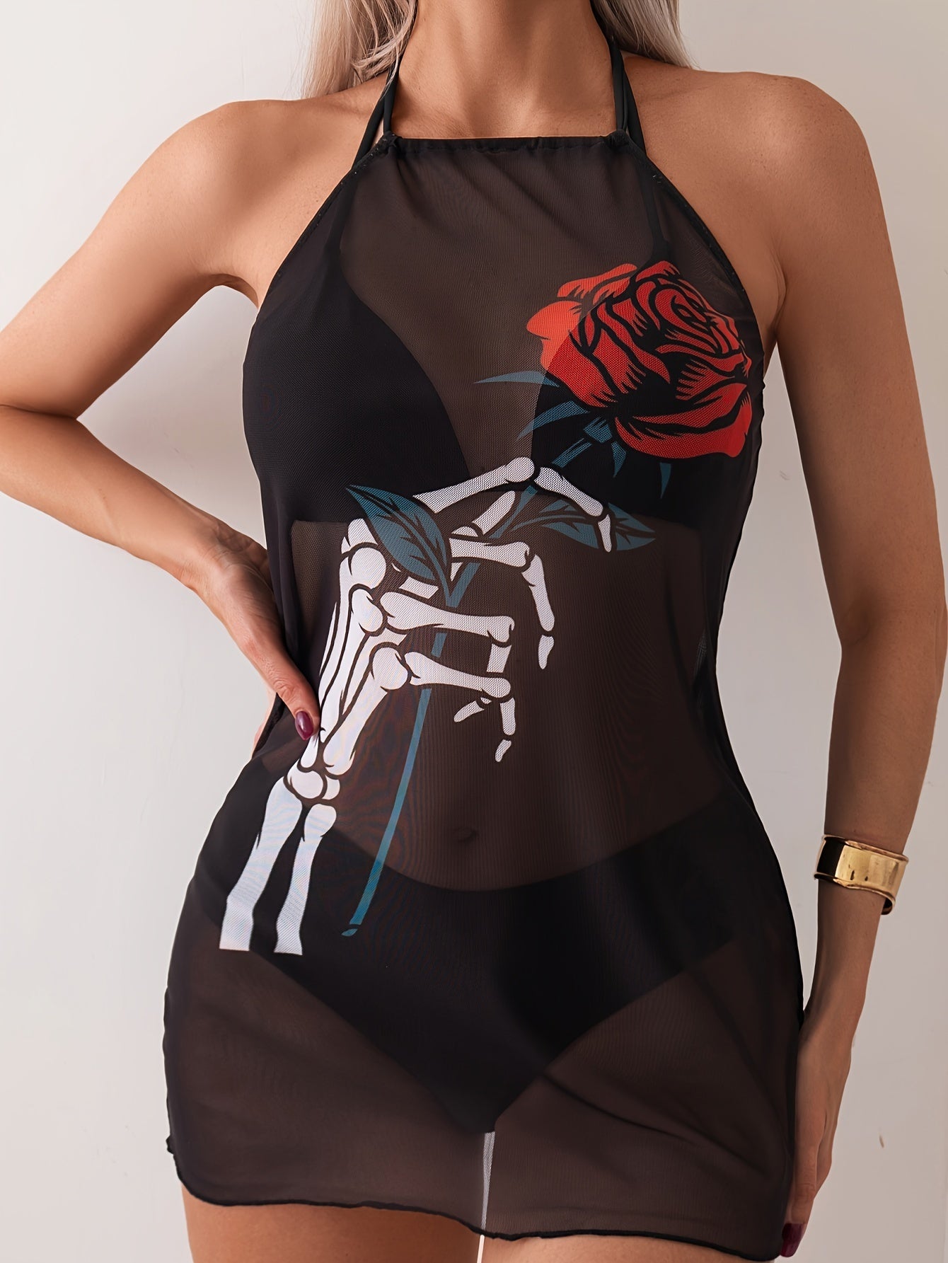 Women's V-Triangle Three-piece Bikini Set with Rose Print Cover Up