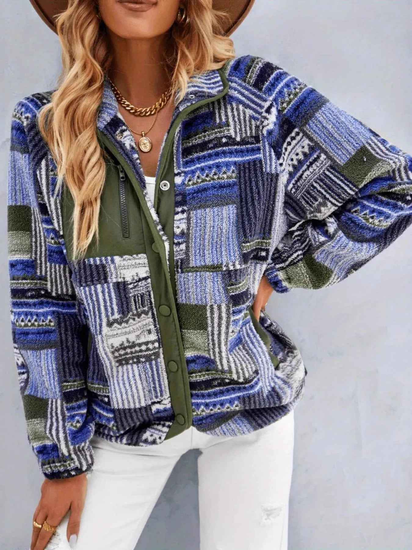 Aztec Print Fleece Jacket - Snap-Down Southwestern Style - Fashions Envy