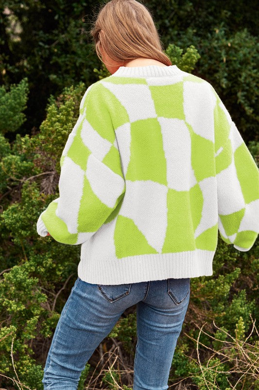Oversized Multi Geo Checker Pullover Knit Sweater