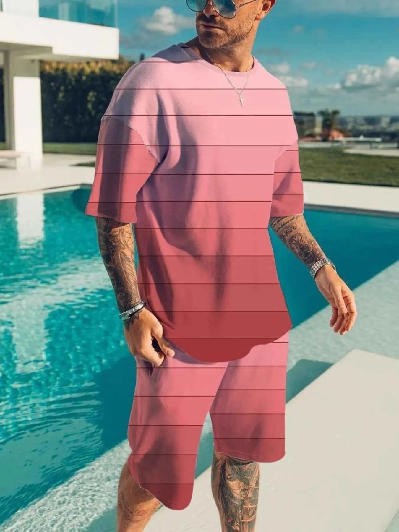 Men's Full Size Color Block Tee and Shorts Set Plus Size