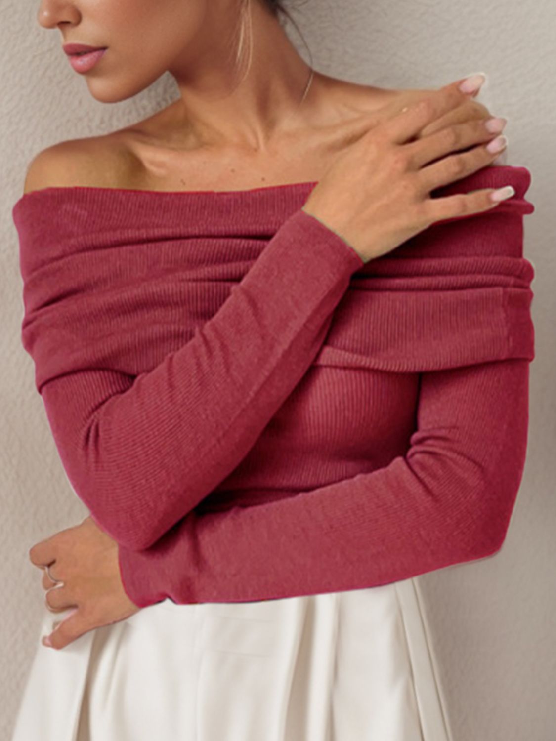 Off-Shoulder Sweater - Long Sleeve Knit Pullover