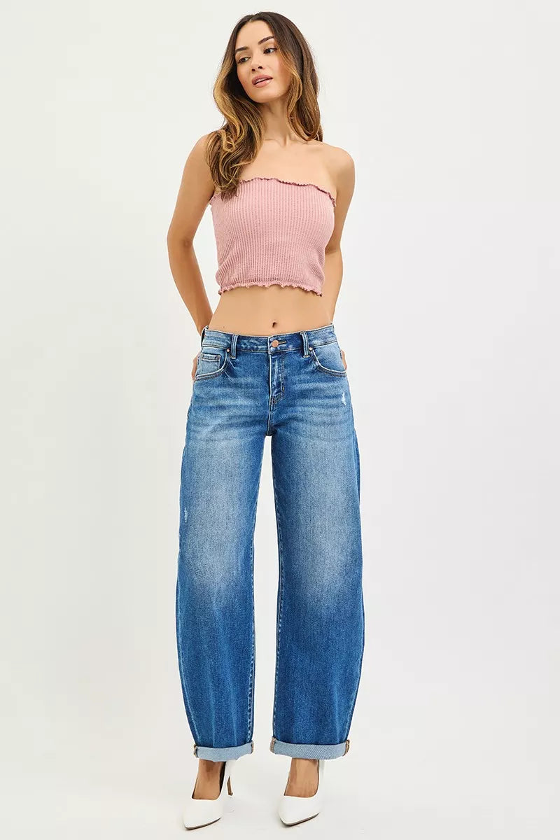 RISEN Barrel Jeans Women - Mid Rise Double Roll Cuff - Fashions Envy