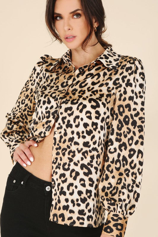Satin Long Sleeve Leopard Blouse