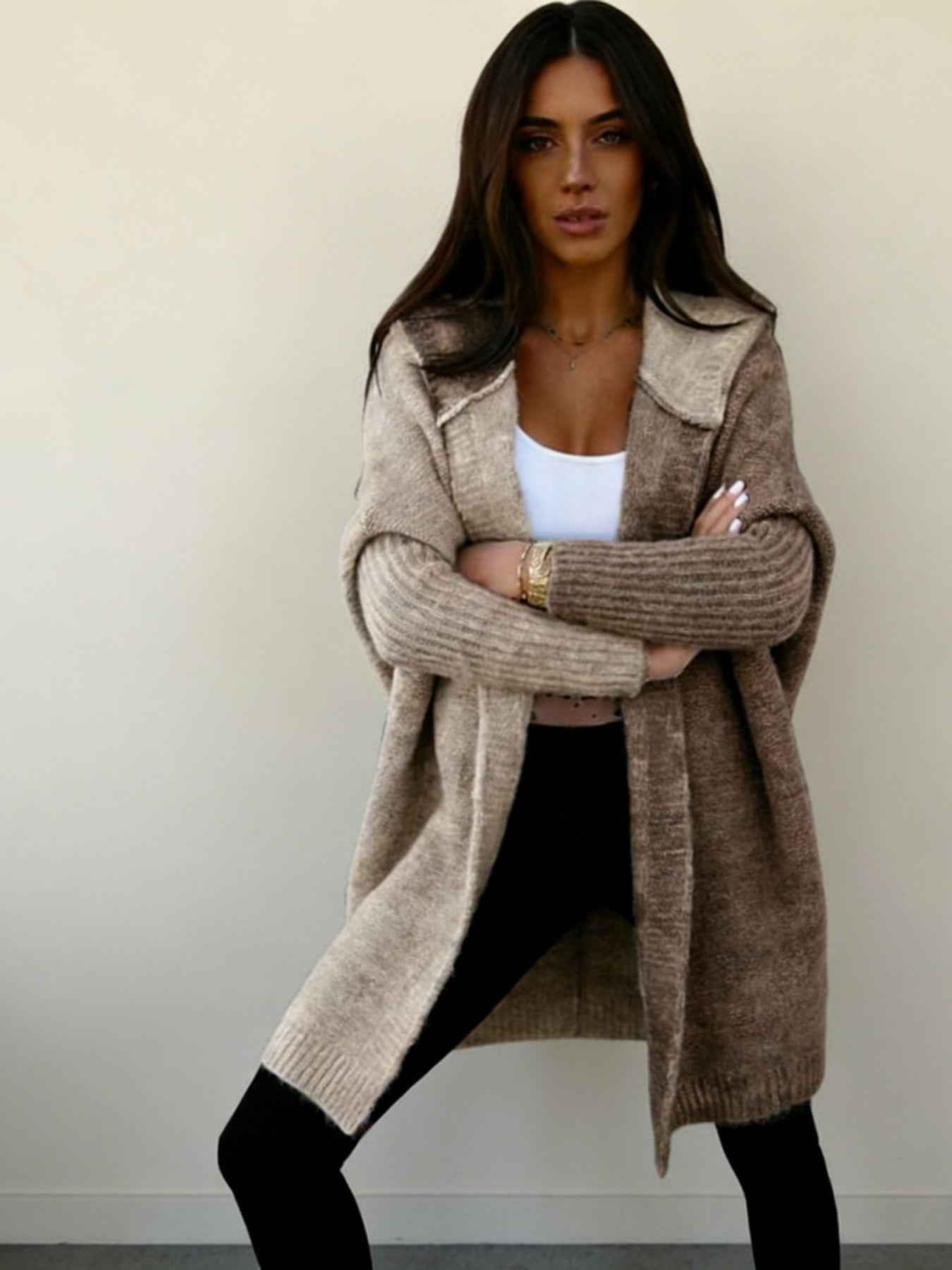 New Style Women's Color-blocked Hooded Knitted Cardigan, Large-sized Mid-length Sweater For Autumn And Winter, Women's Outerwear