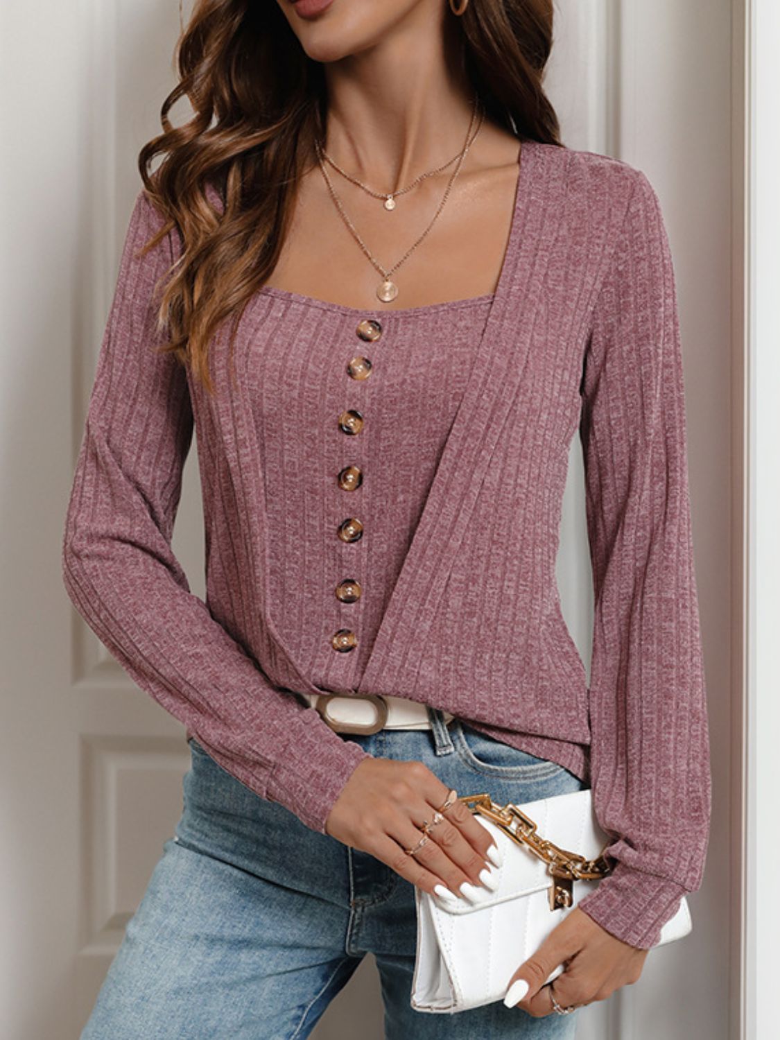 Square Neck Long Sleeve Top - Button Detail Style