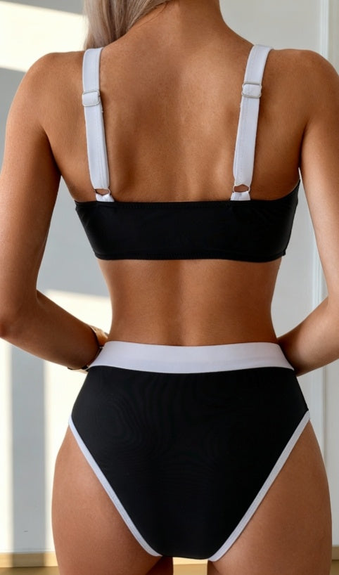 High-Waist Bikini - Women's Black Textured Two-Piece Swimsuit - Fashions Envy