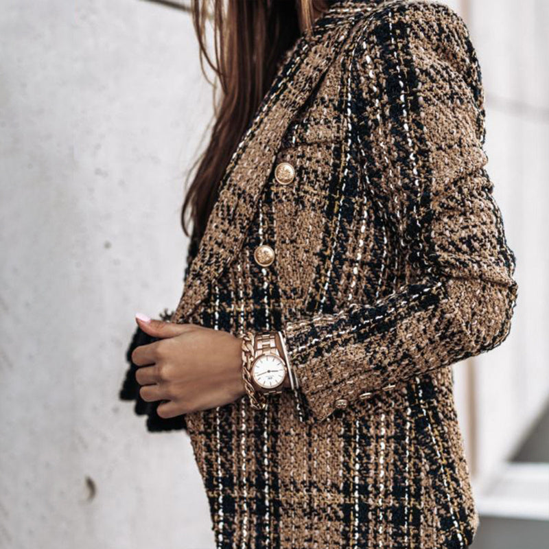 Elegant Checkered Long Sleeve Blazer - Double-Breasted Printed Coat
