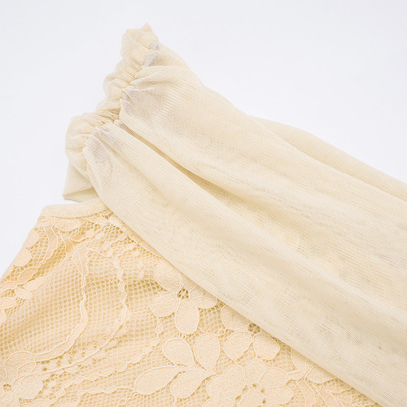 Sheer Mesh and Lace Maxi Dress - Sleeveless Off-Shoulder