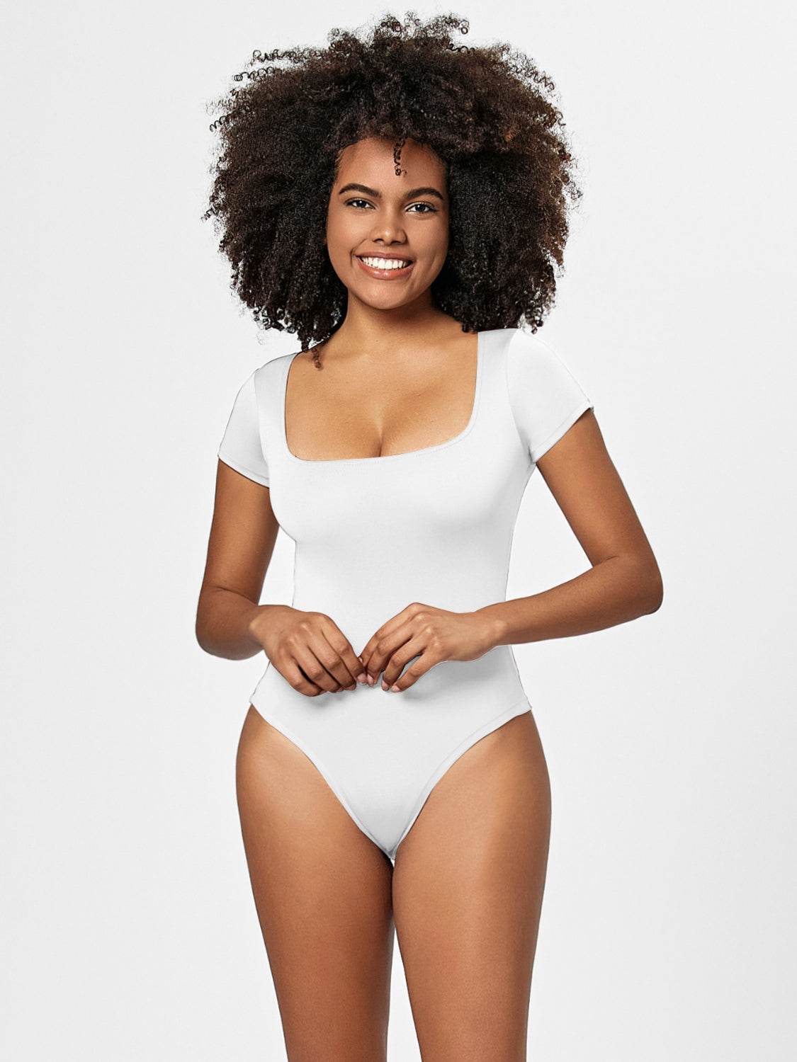 Full Size Square Neck Short Sleeve Bodysuit - Fashions Envy