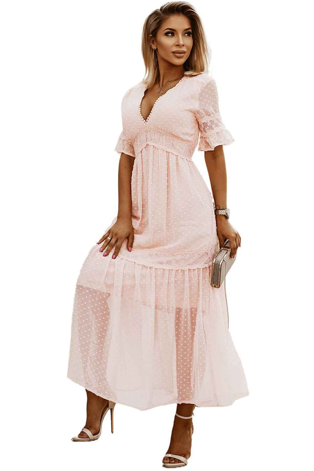 Swiss Dot Ruffle Sleeve Maxi Dress - Pink Lace Trim