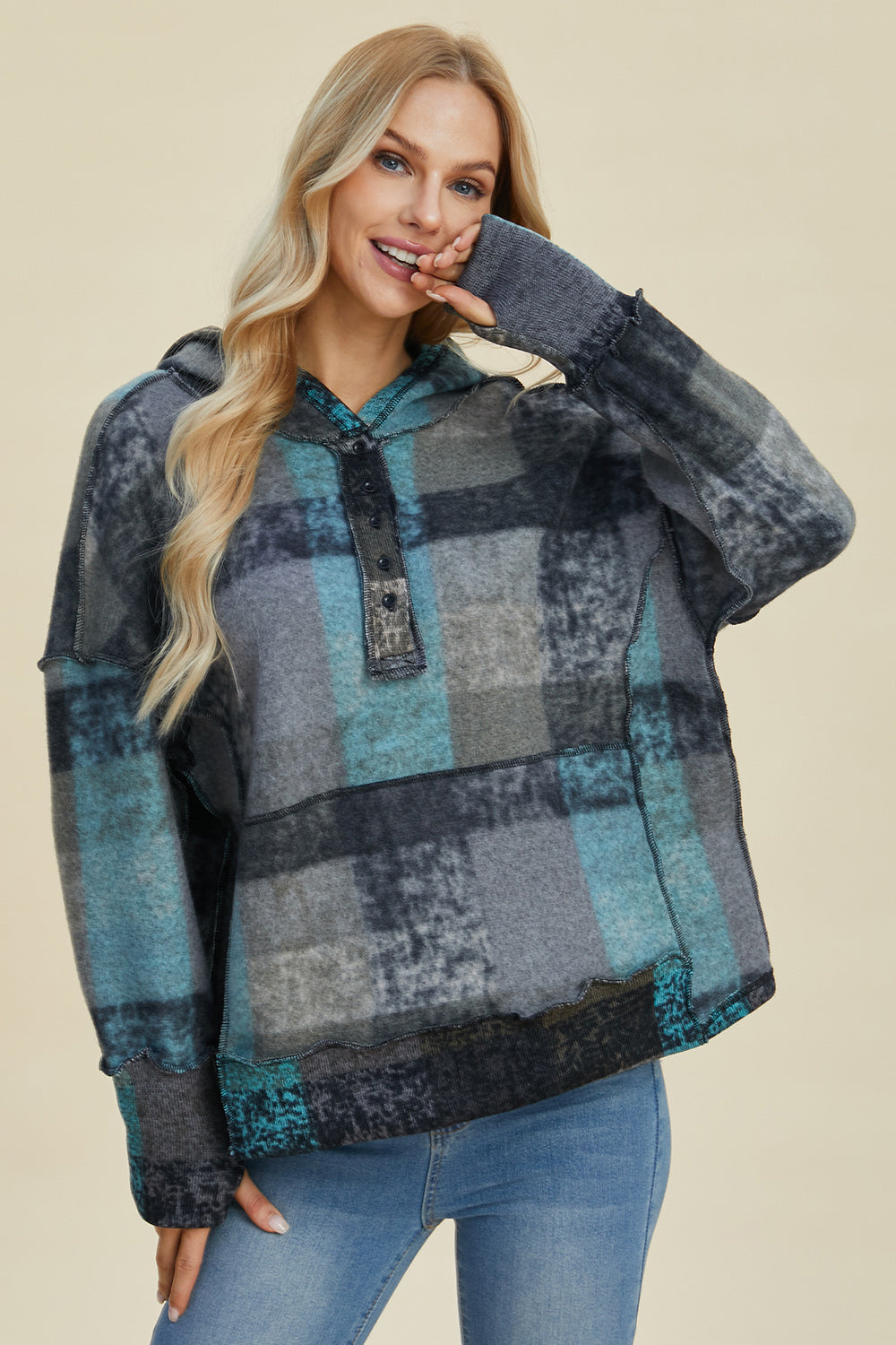 Double Take Full Size Plaid Dropped Shoulder Hoodie - Fashions Envy