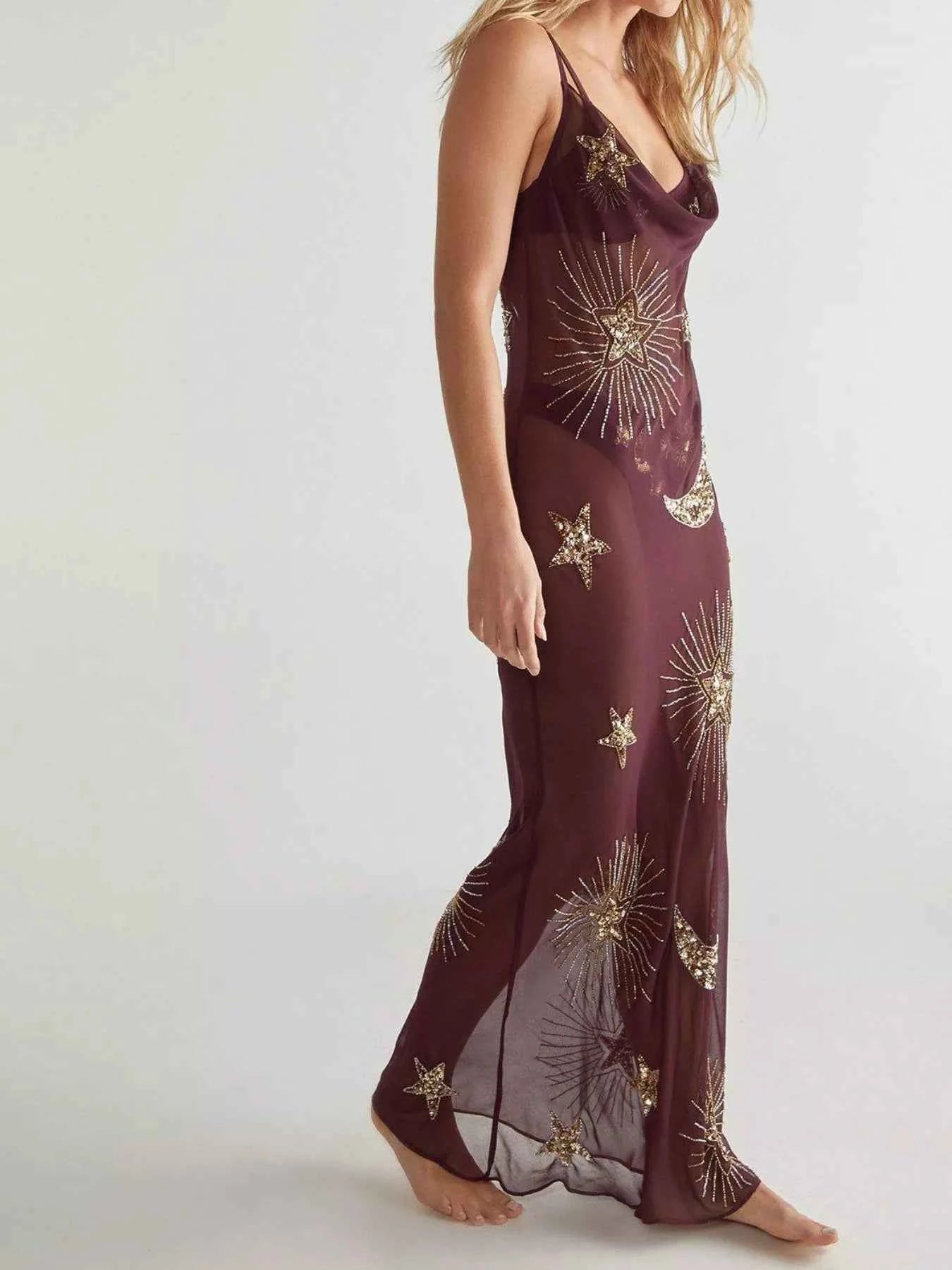 Sequin Maxi Cover Up Dress - Backless Sheer Resort Glam