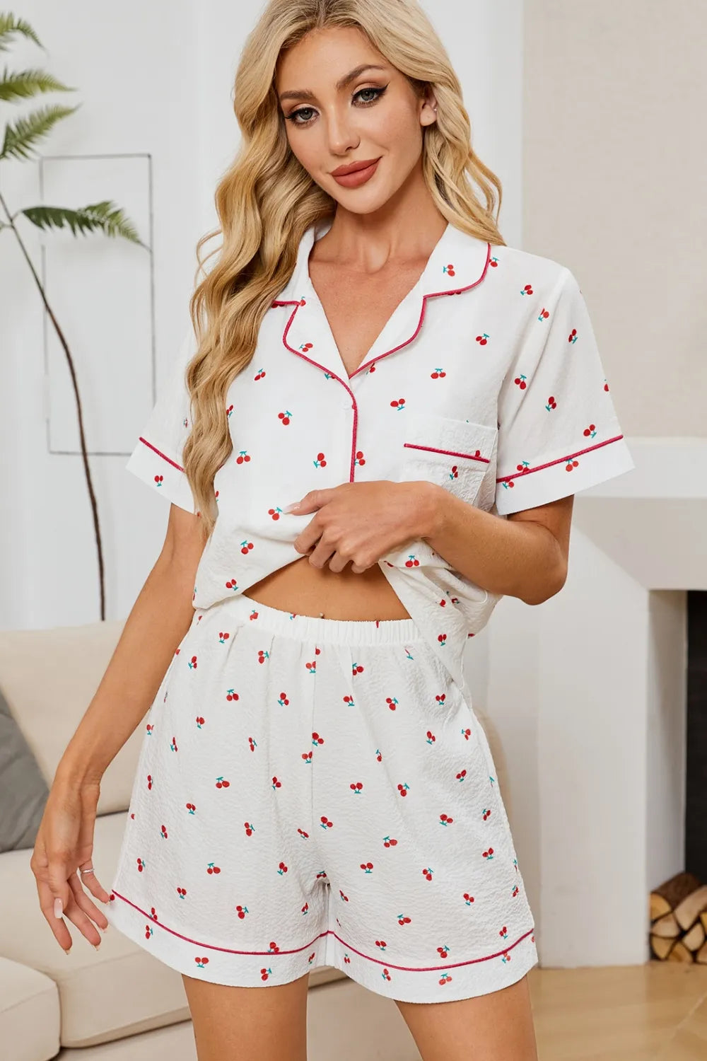 Cheery Print Lounge Set - Collared Top & Shorts Pajamas - Fashions Envy