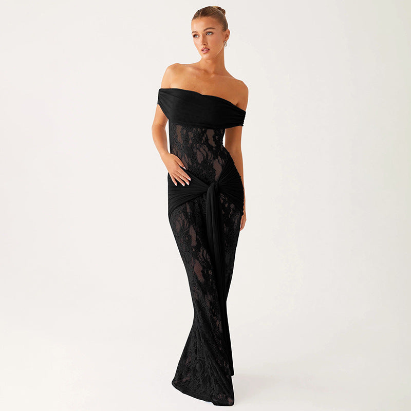 Sheer Mesh and Lace Maxi Dress - Sleeveless Off-Shoulder