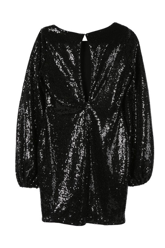 Puff Sleeve Crew Neck Sequin Mini Dress