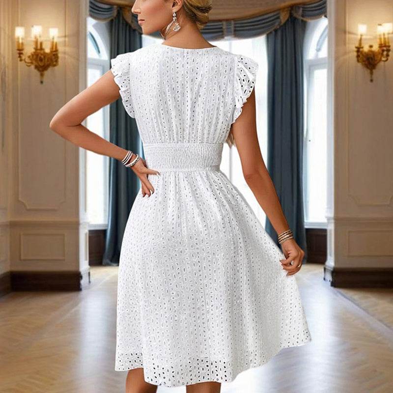 Women's Solid Color V-Neck Lace Short Sleeve Dress With Elastic Waist - A-Line Flowy Midi Dress For Summer Vacation - Fashions Envy