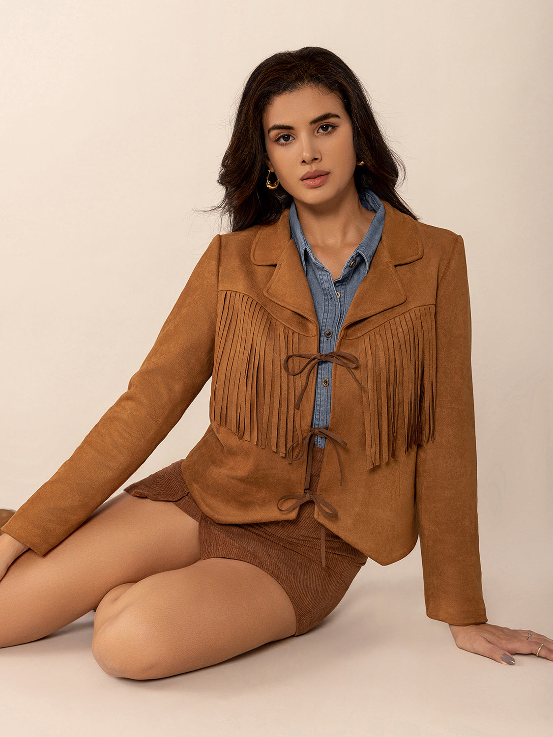 Caramel Tied Tassel Collared Neck Long Sleeve Jacket