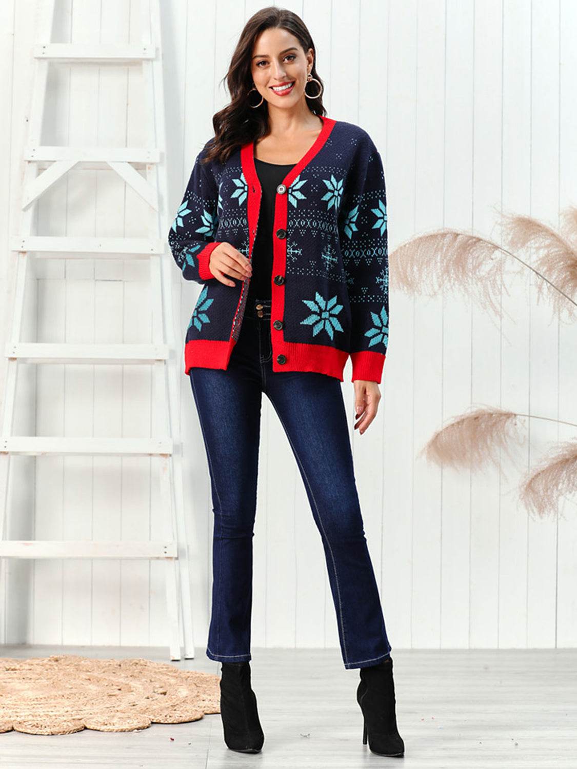 Snowflake Pattern Button Down Cardigan - Fashions Envy