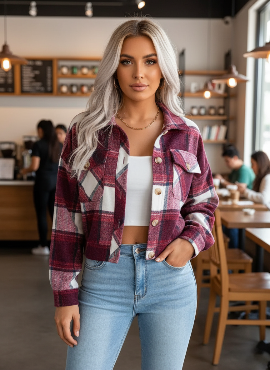 Deep rose plaid jacket - front view