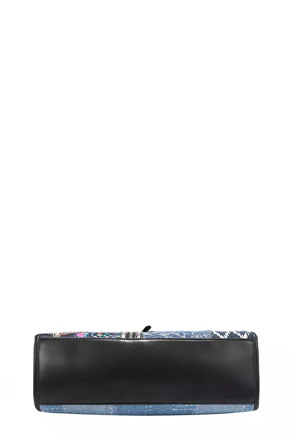 Stylish Denim Tote Bag with Colorful Floral Design and Black Leather Accents for Everyday Use