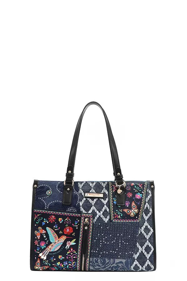 Trendsi Denim Tote Bag with Colorful Embroidery and Stylish Patchwork Design
