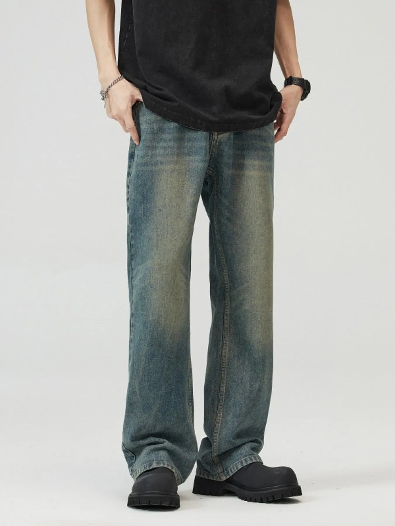 Trendsi men's plus size straight leg jeans faded wash relaxed fit long inseam styled with black tee