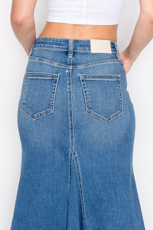Artemis Vintage denim Mermaid Skirt with Gusset back view high waist patch pockets and center seam