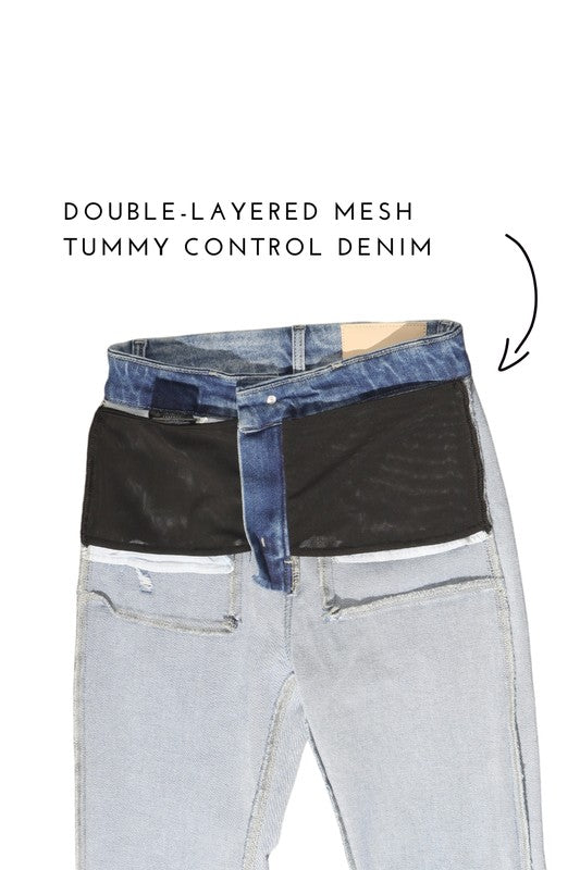 Artemis Vintage women's high rise tummy control jeans light wash showing double layered mesh tummy control panel interior