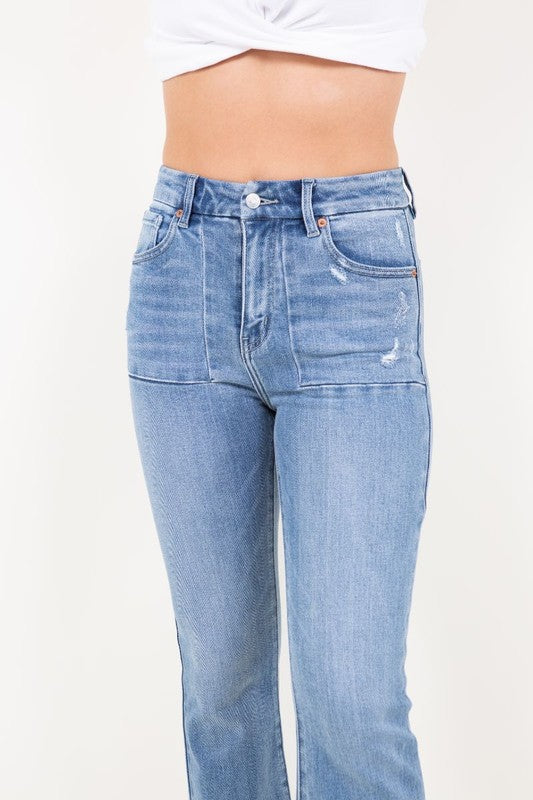 Artemis Vintage women's high rise tummy control jeans light wash with subtle distressing and straight leg