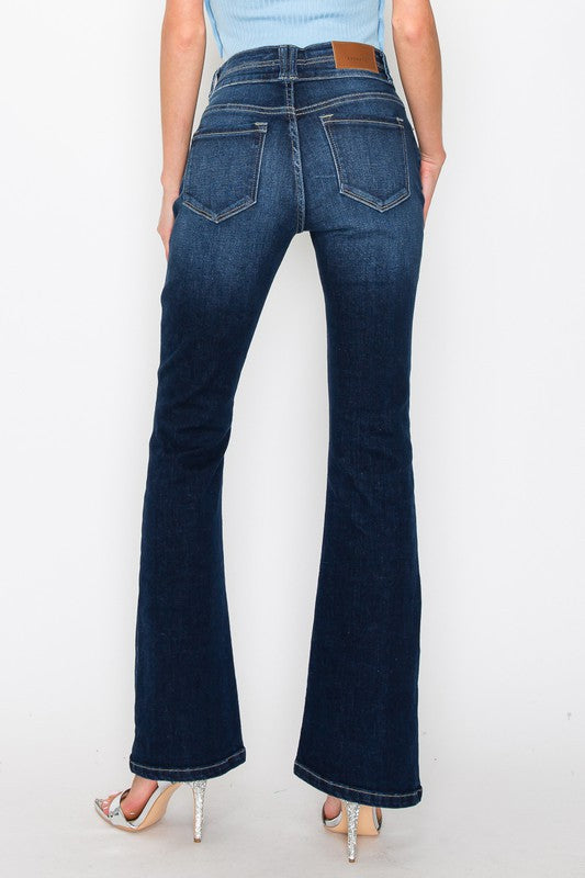 Artemis Vintage women's tummy control bootcut jeans dark wash high waist back view with pockets and heels