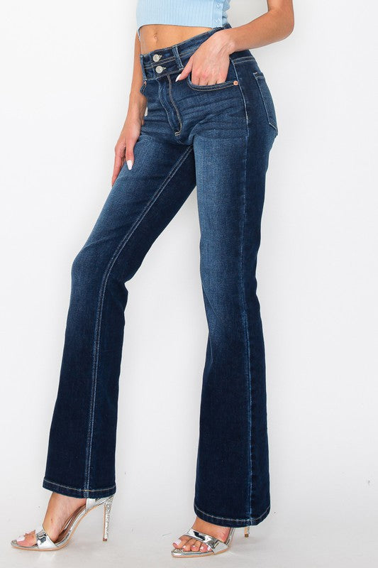 Artemis Vintage dark wash women's tummy control bootcut jeans high waist with double button and silver heels