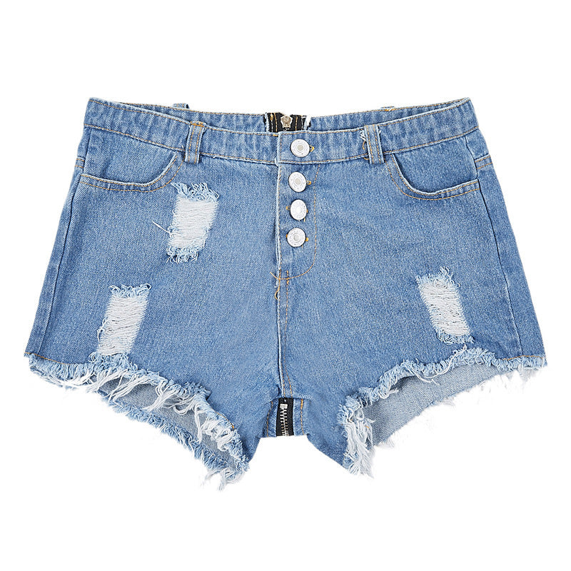 Trendsi light blue high waist Distressed Frayed Denim Shorts with button fly ripped patches and frayed hem