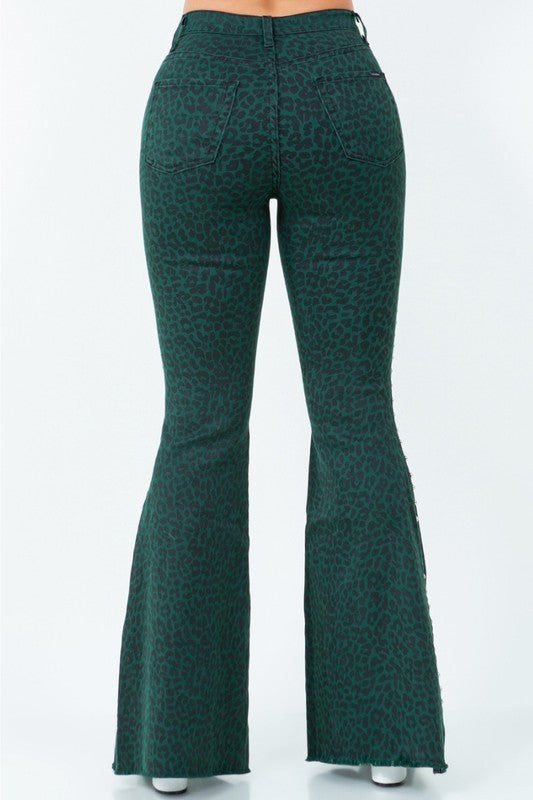Green Leopard Studded Bell Bottom Jeans