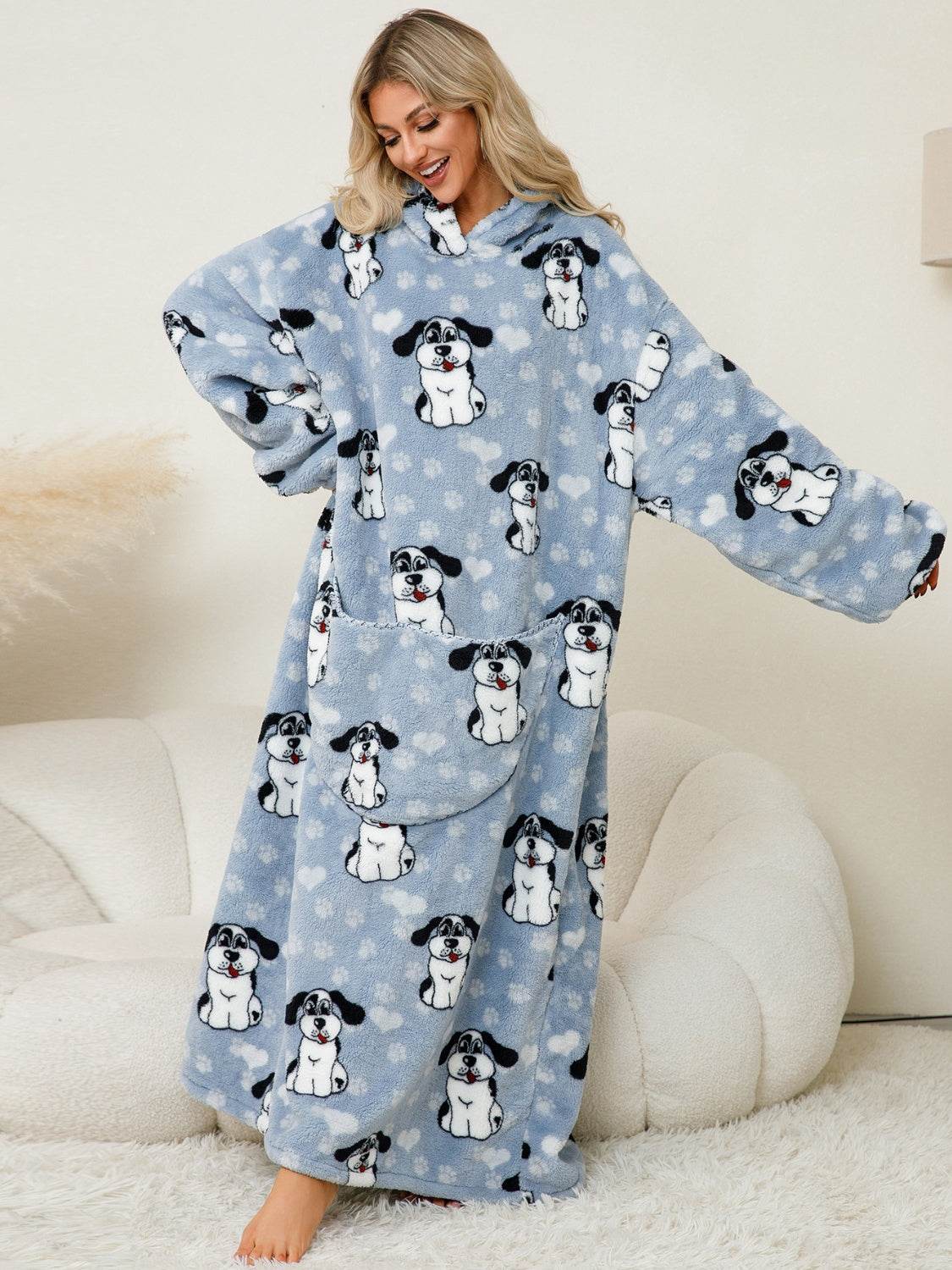 Fuzzy Pocketed Long Sleeve Hooded Lounge Dress - Fashions Envy