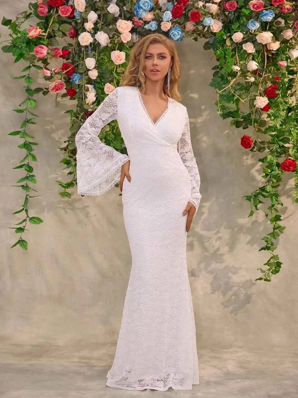White Lace Flare Sleeve Maxi Dress - Surplice V-Neck Gown