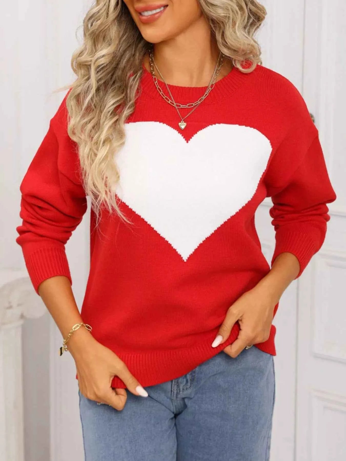 Valentine's Day Heart Round Neck Dropped Shoulder Sweater - Fashions Envy