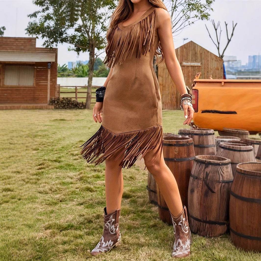 Women's Brown Western Suede Fringe Dress - Sleeveless Vacation Style