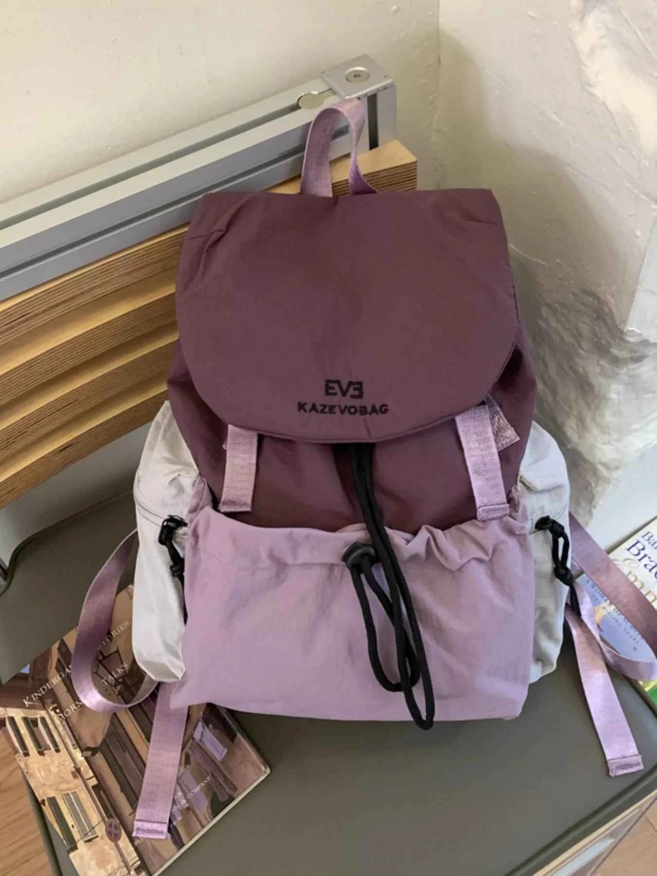 Drawstring Backpack Bag - Purple Color Block Nylon Style