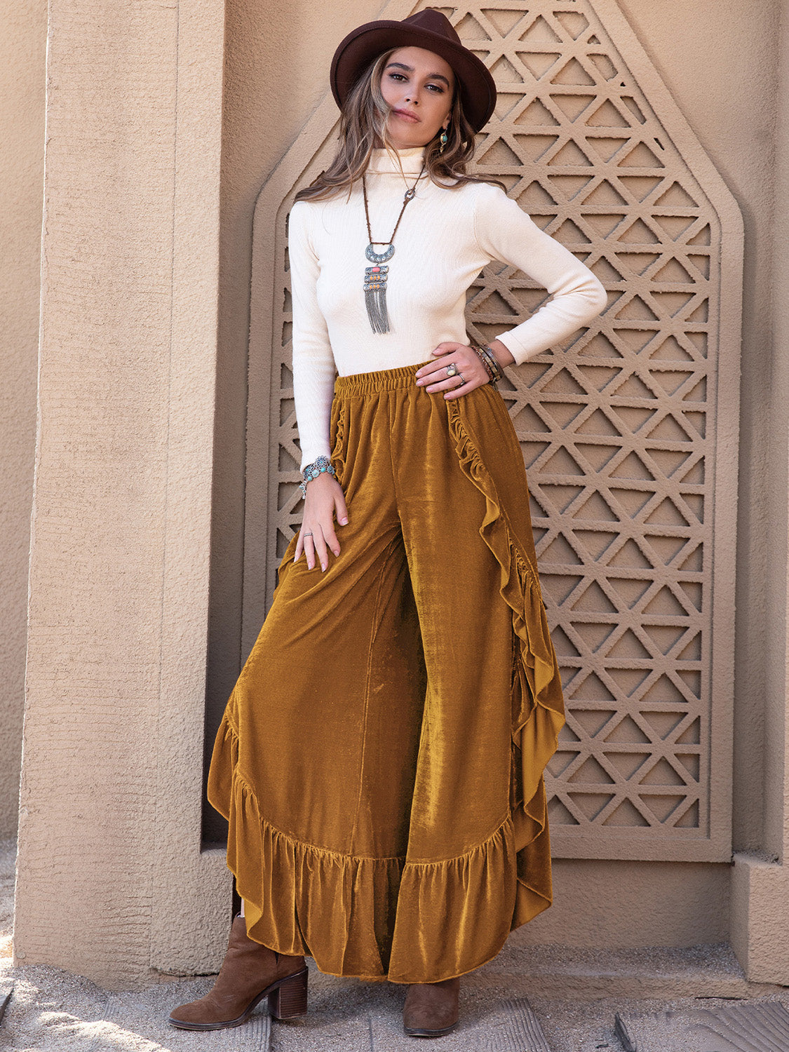 Ruffled Wide Leg Pants - Slit Detail Flowy Style