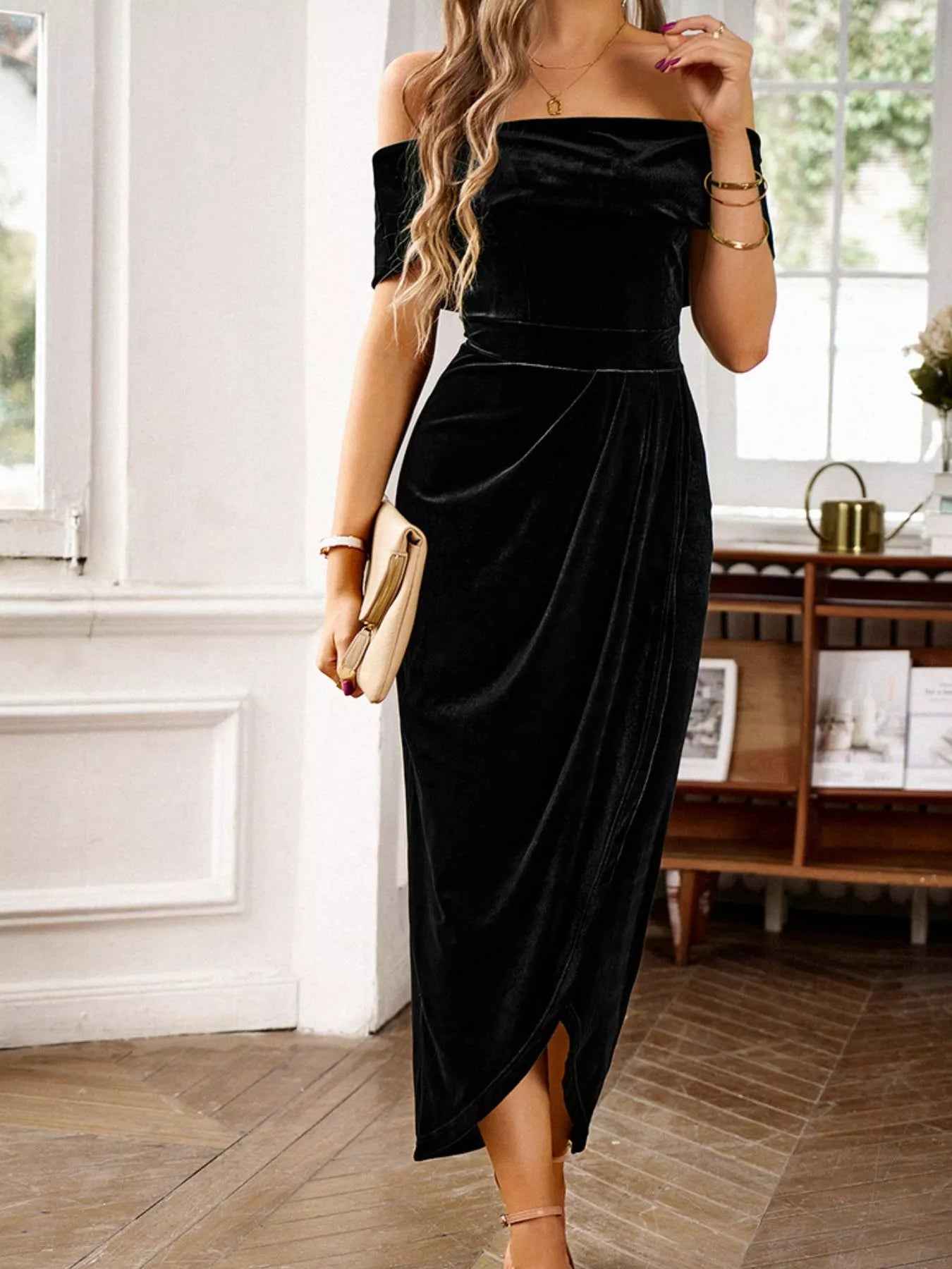 Velvet Off-Shoulder Midi Dress - Ruched Bodycon Slit - Fashions Envy