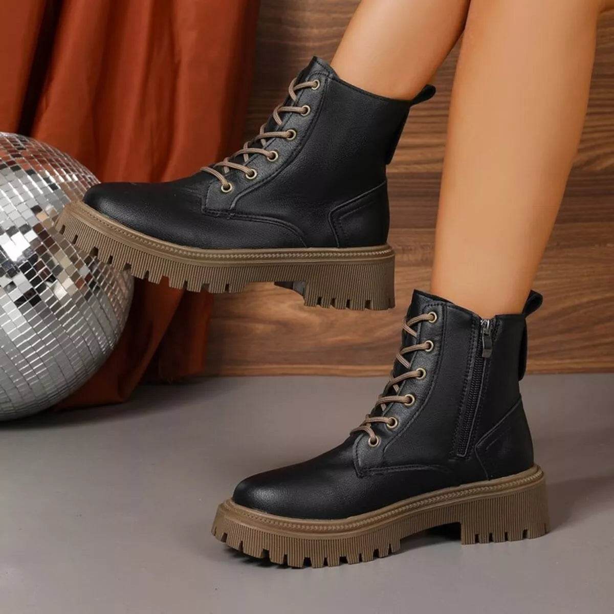 Lace Up Round Toe Boots - Mid Heel Ankle Boots - Fashions Envy